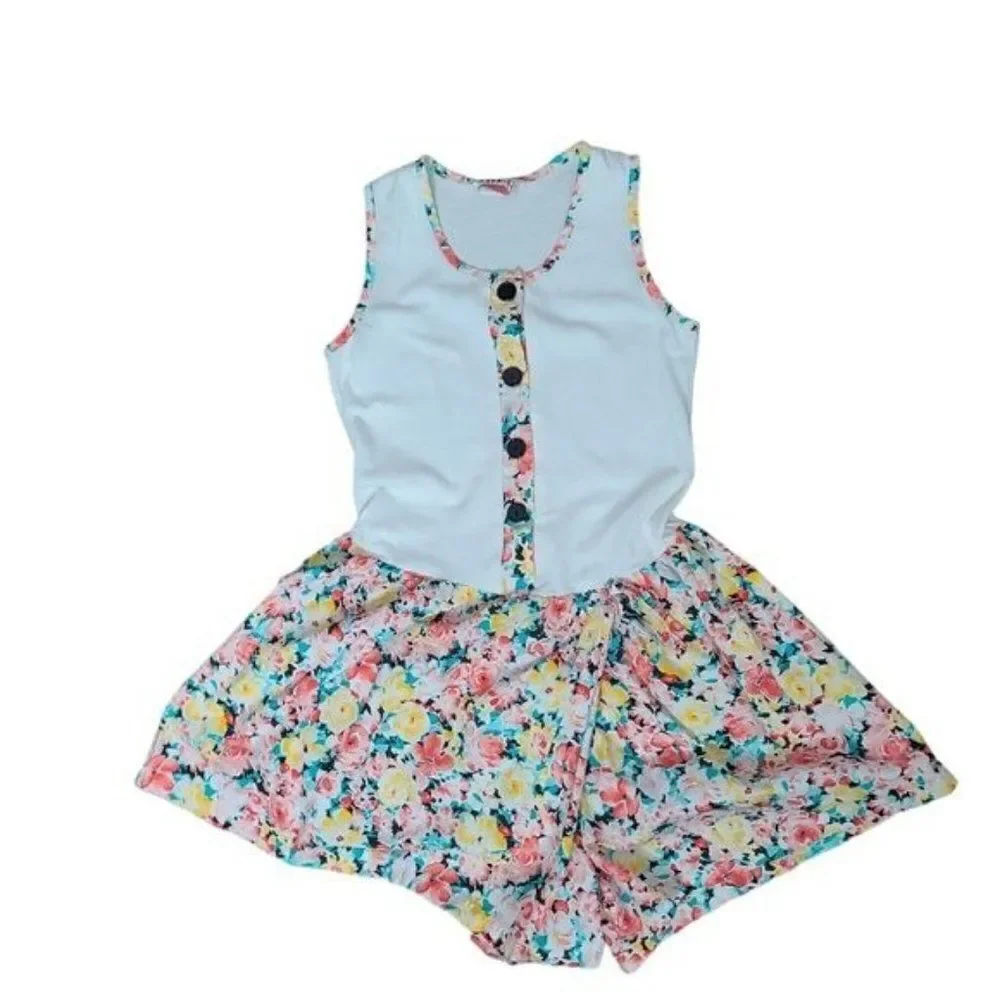 Vintage 80s 90s Girls Boho Cottagecore Pink Floral Romper Shorts